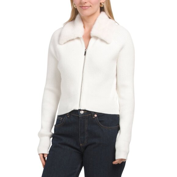 LAUNDRY Cream Fur Collar Zip Up Sweater - Picture 1 of 1